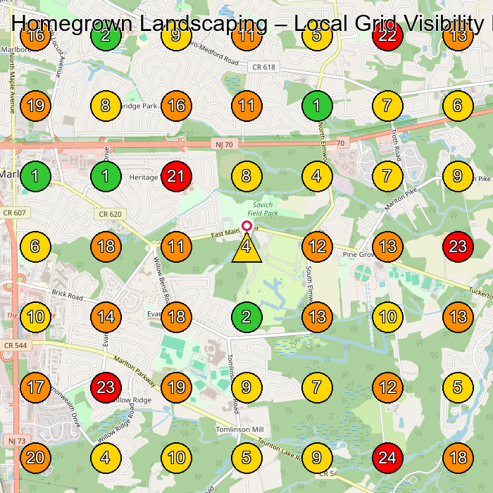 Homegrown Landscaping Lawn Care Service GeoGrid ranking map for Evesham NJ